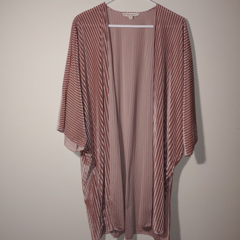 Alchemy Thread Boho Burnout Ribbed Velvet Kimono Open Front Cardigan Sz XL Mauve